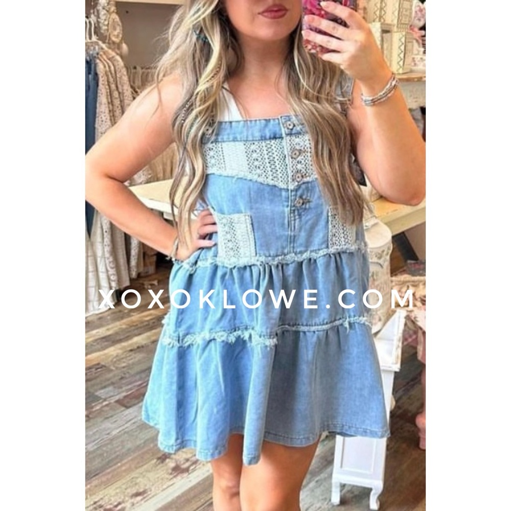 POL Denim + Crochet Patch Tiered Skirtall Mini Dress - Picture 11 of 16